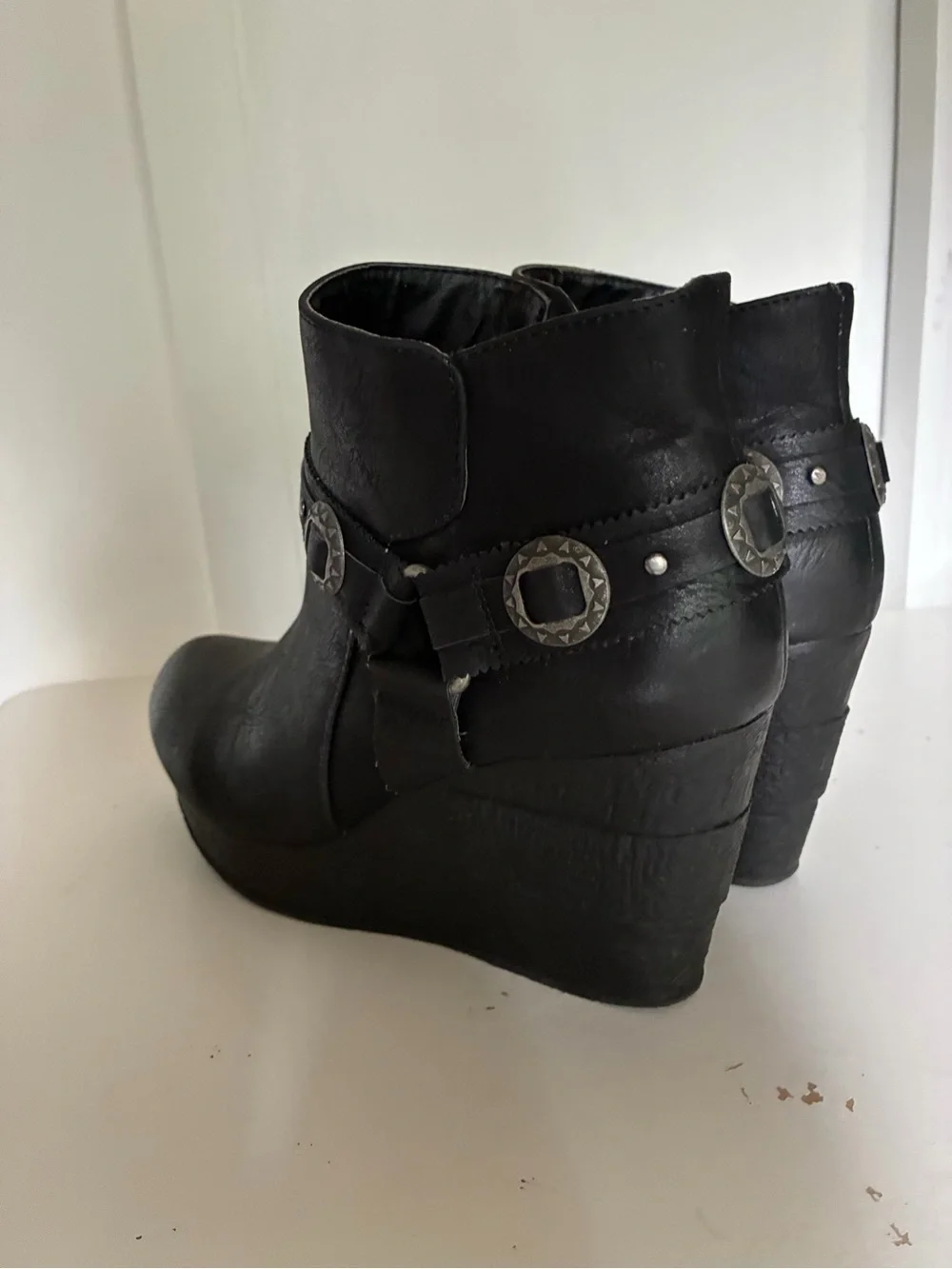 Sbicca Black Wedge Ankle Booties with Studded Harness Detail